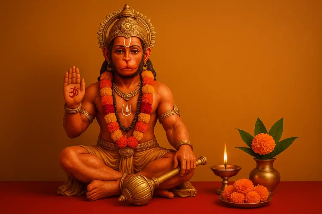 Hanuman Ji idol decorated with garlands, mace, oil lamp, and floral offerings during a traditional Hanuman Puja setup