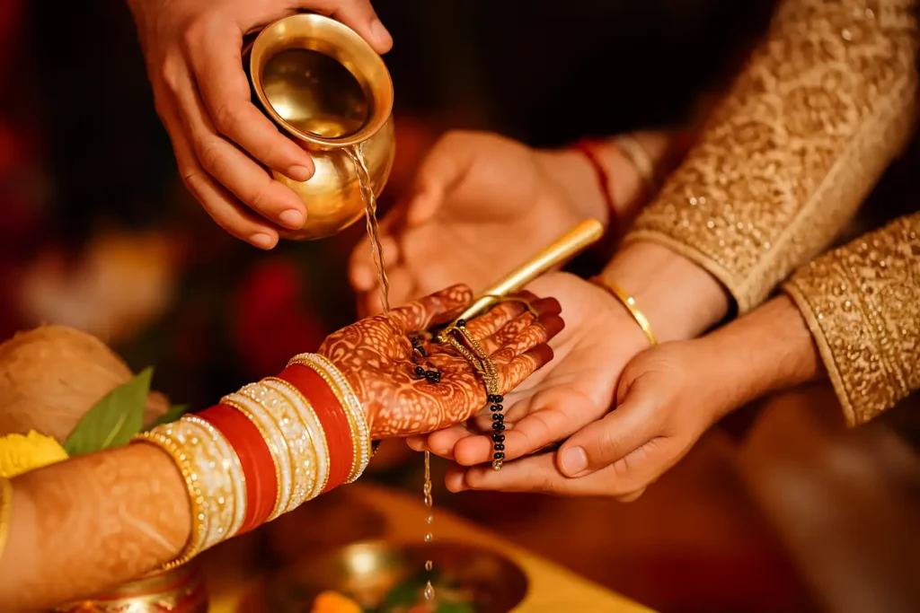 Hands of bride and groom performing Hindu Vivah Sanskar ritual with sacred water and Vedic items