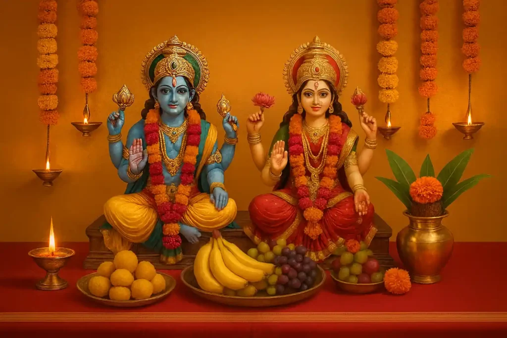 Lakshmi Narayan Puja setup with idols of Lord Vishnu and Goddess Lakshmi decorated with garlands, lamps, flowers, and traditional offerings
