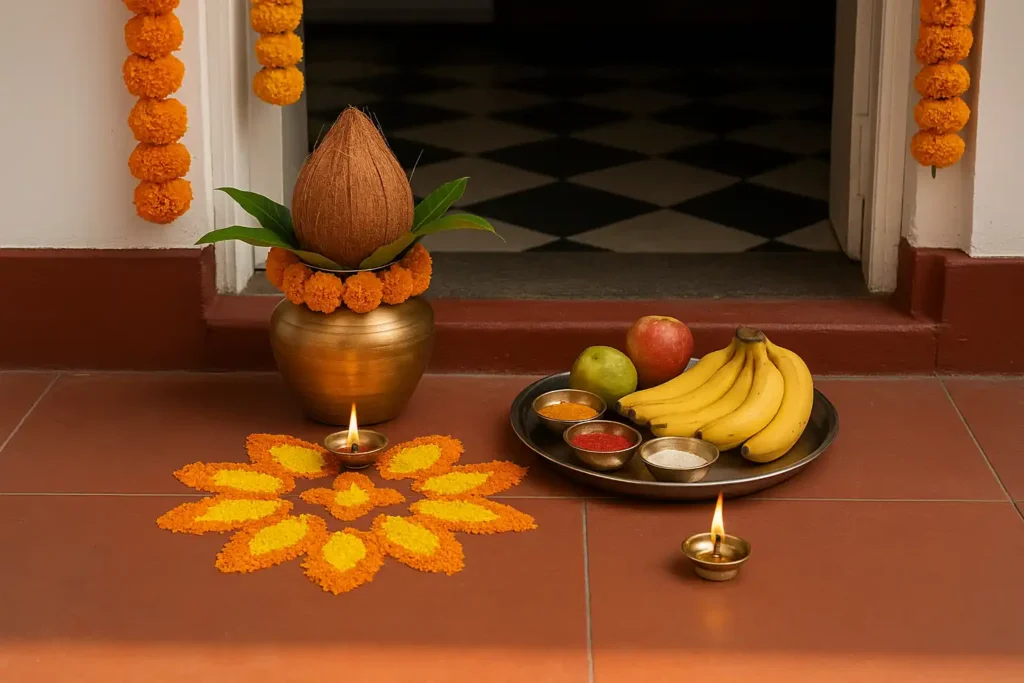 Griha Pravesh Puja setup featuring a coconut kalash with mango leaves, marigold garlands, vibrant rangoli design, oil lamps, fruits, and traditional offerings at the entrance of a new home