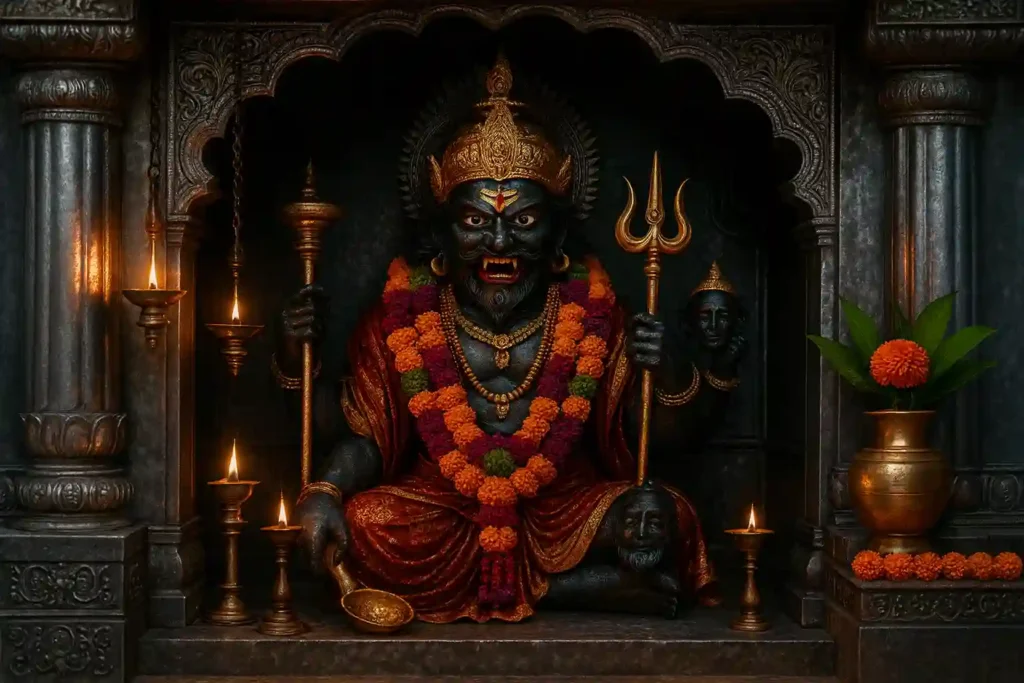 Kal Bhairav idol inside the ancient temple in Varanasi decorated with garlands and lamps