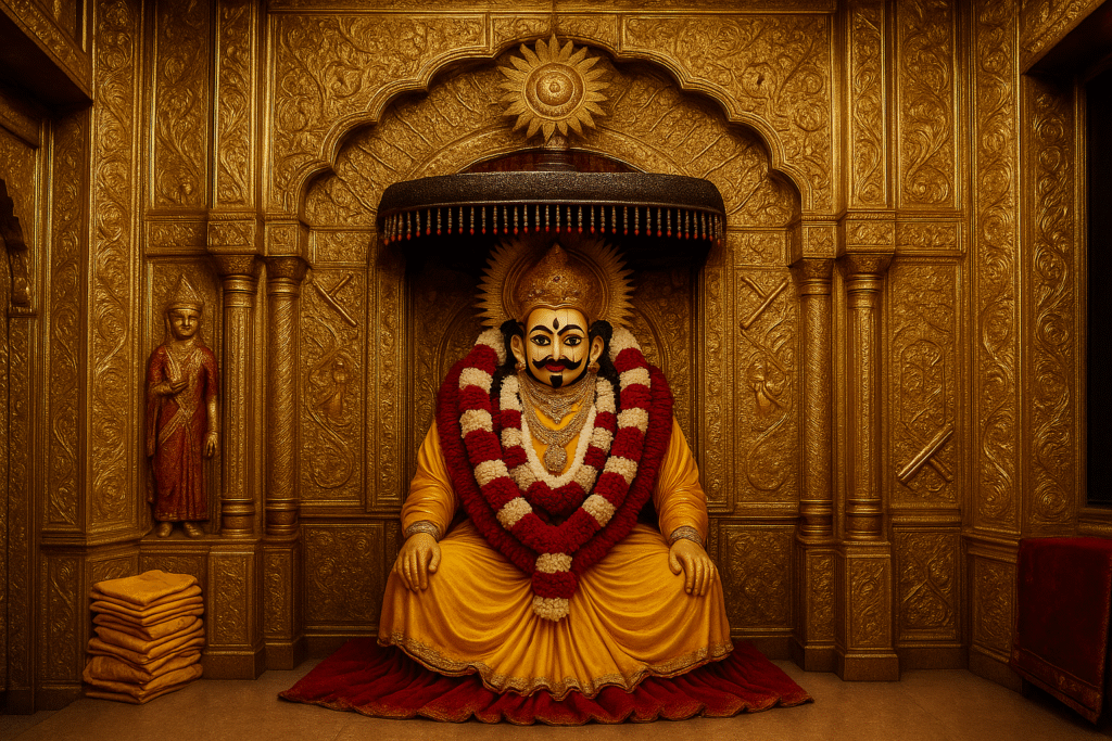 Khatu Shyam idol inside the golden sanctum of the temple decorated with garlands
