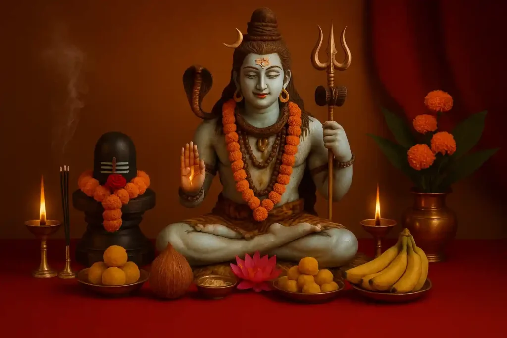 Maha Mrityunjay Jaap setup featuring Lord Shiva idol with rudraksha mala, trident, oil lamps, incense, prasad, and traditional Vedic offerings