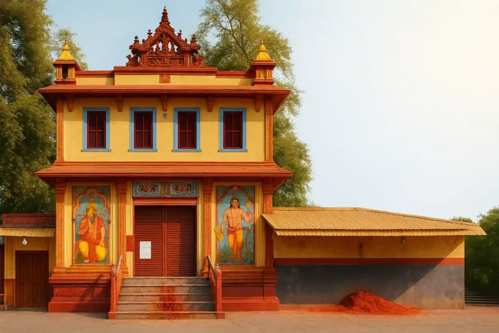A peaceful view of the Sankat Mochan Hanuman Temple in Varanasi, showing its traditional architecture with colorful murals of Lord Hanuman and surrounding greenery.